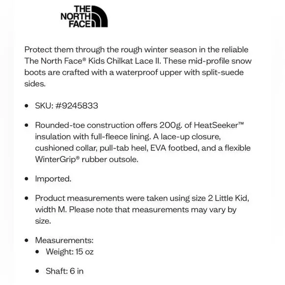 Like New! The North Face, Youth, Chilkat Lace II, Insulated Boots. Size 3.